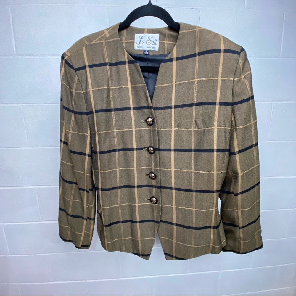 Le Suit Paris New York Women's‎ Brown Plaid Lined Blazer Suit Jacket Size 16